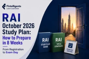 RAI October 2026 Study Plan cover with study guides, an exam planner, and an open door to a city skyline.