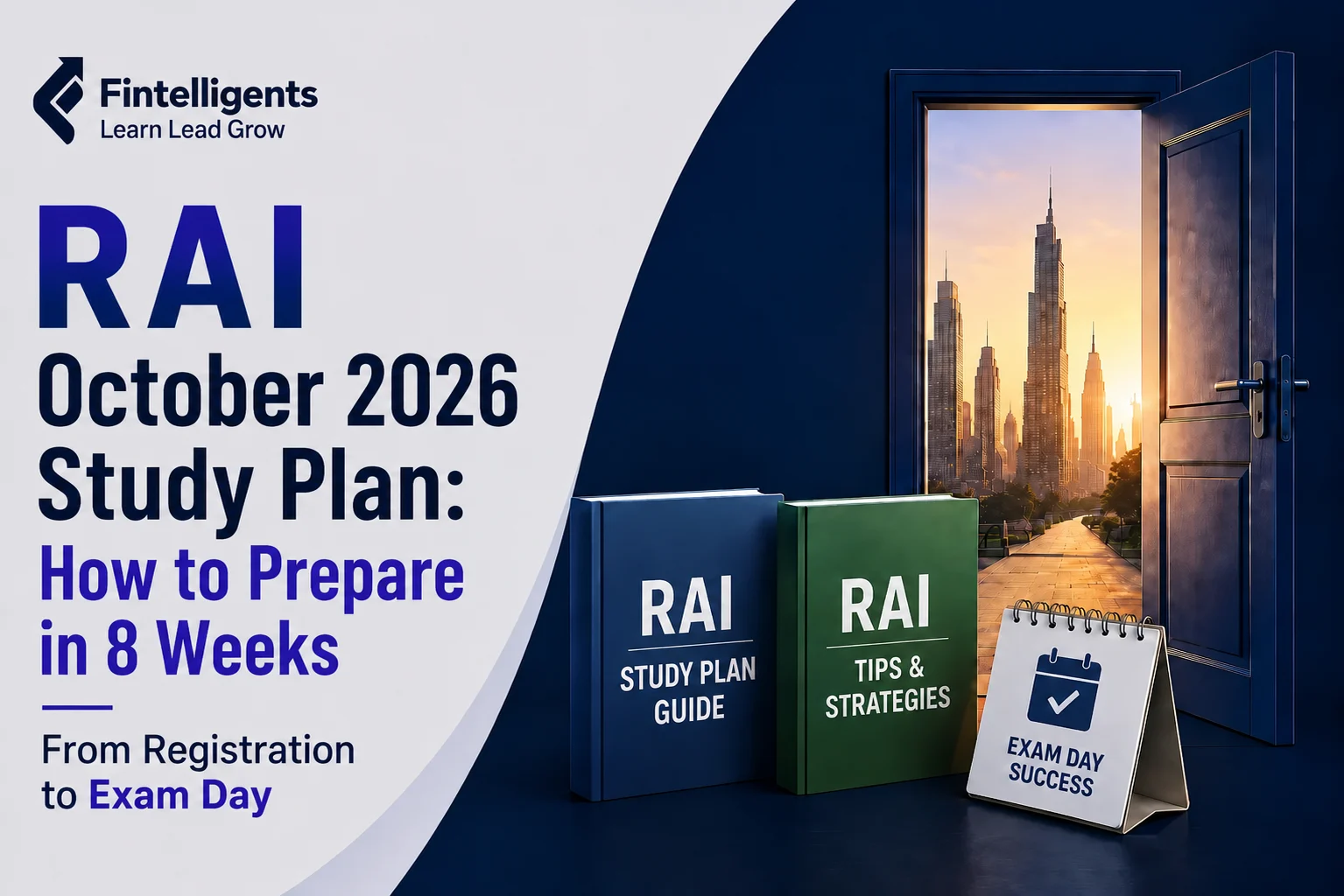 RAI October 2026 Study Plan cover with study guides, an exam planner, and an open door to a city skyline.