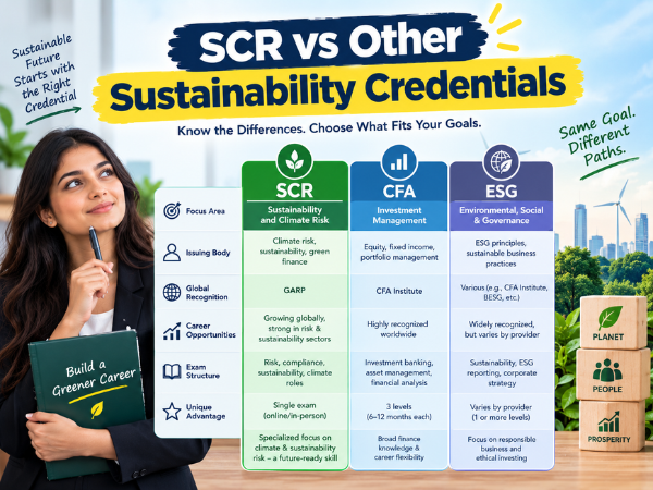 SCR vs other sustainability credentials, comparing sustainability and climate risk, investment management, ESG, global recognition, career opportunities, and exam structure.