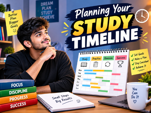 Planning your study timeline with a study schedule, revision planner, practice sessions, and time management tips for students.